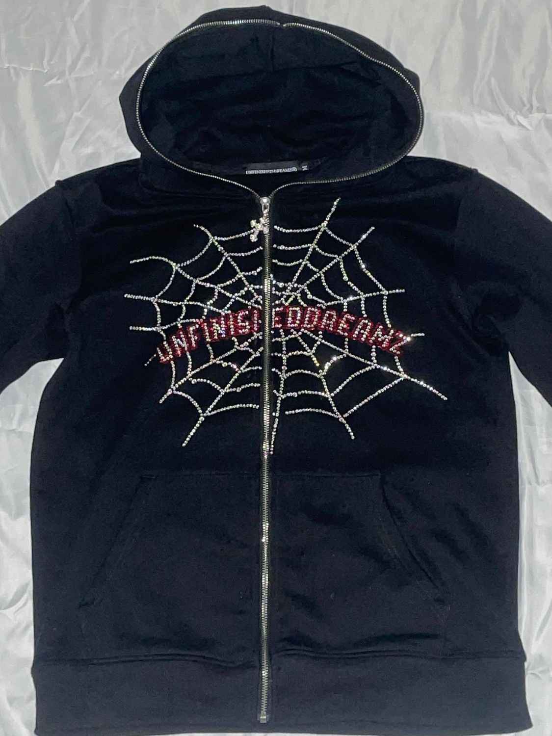 Men's Spider Web Rhinestones Zip-Up Hoodie - Damned Threads